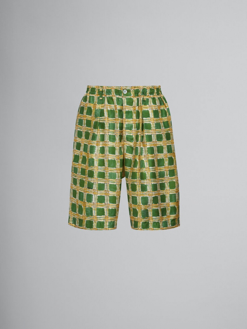 Marni Silk Twill Shorts With Check Fields Print Gröna | QSEUV55194