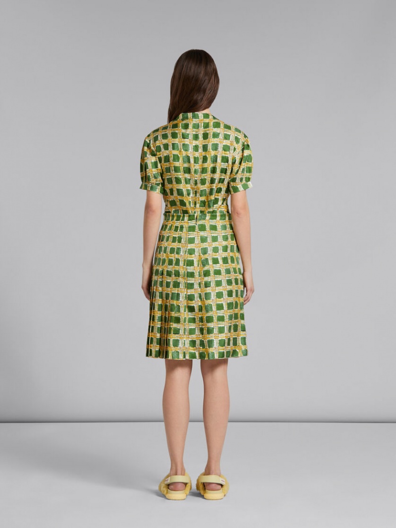 Marni Silk Twill Skirt With Check Fields Print Gröna | ASEDF26601