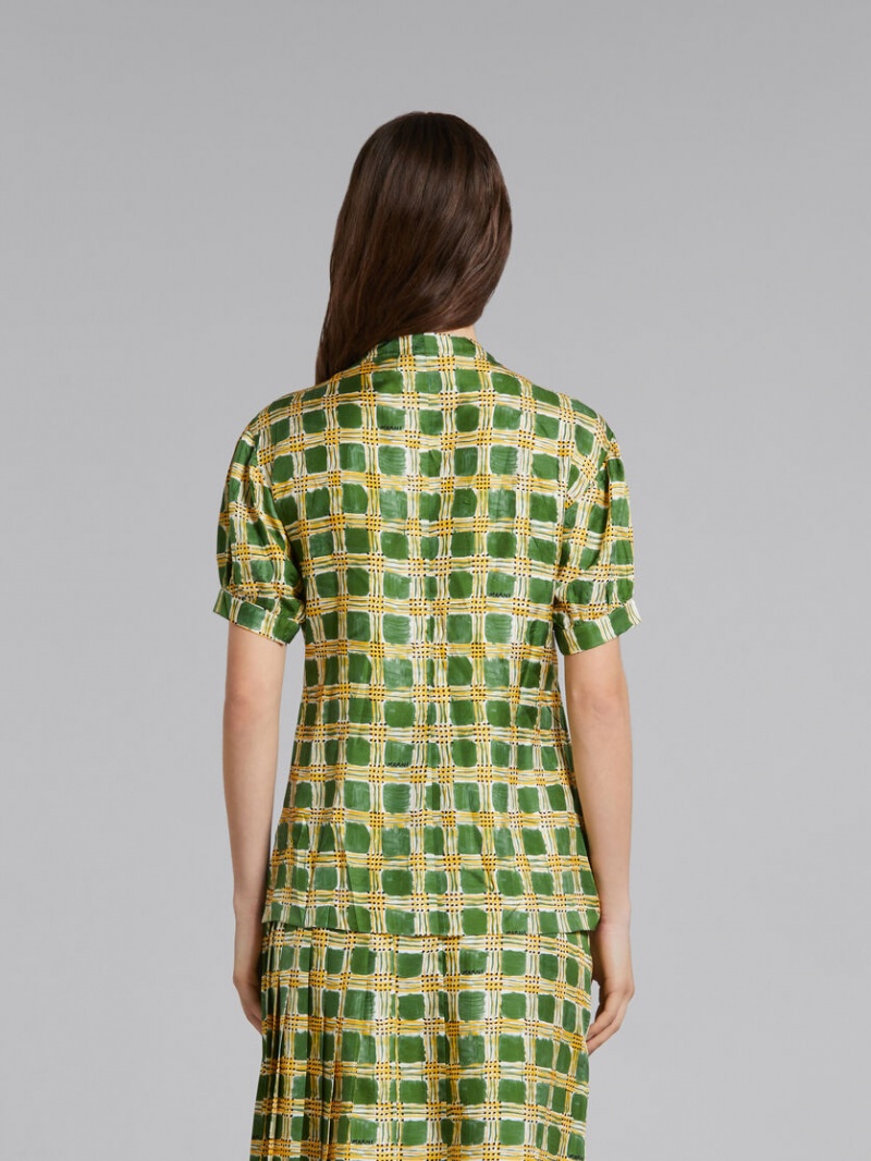 Marni Silk Twill Top With Check Fields Print Gröna | FSEUI56172