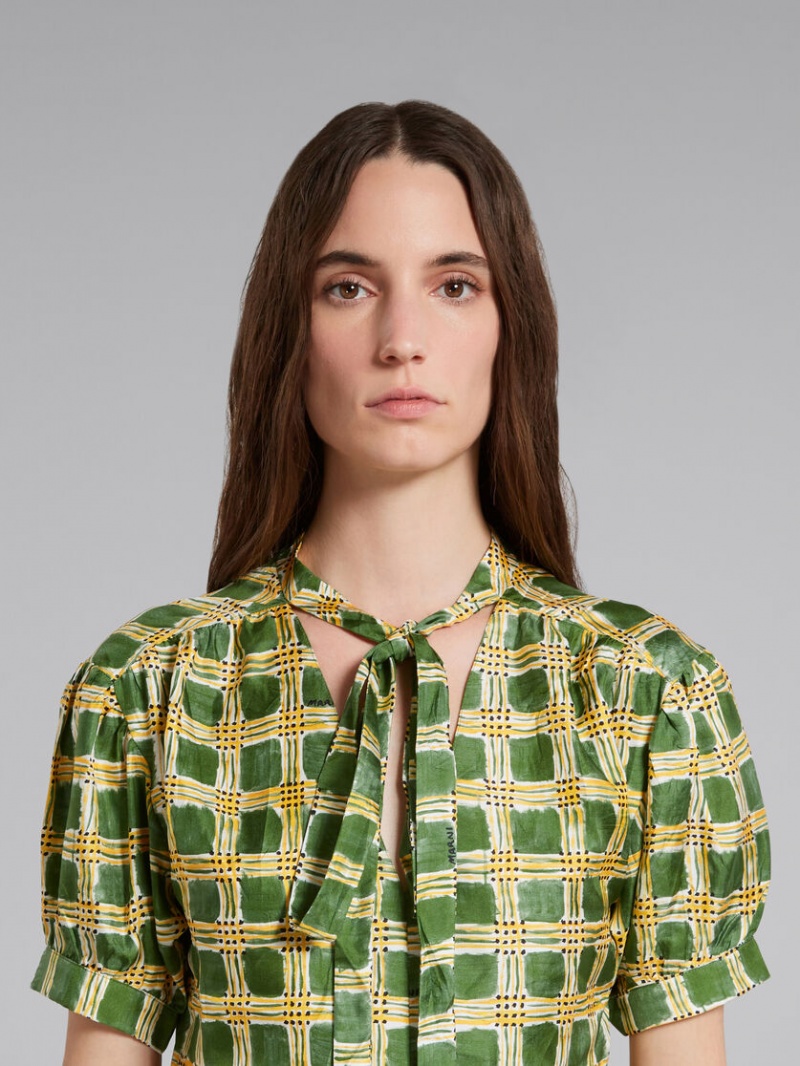 Marni Silk Twill Top With Check Fields Print Gröna | FSEUI56172