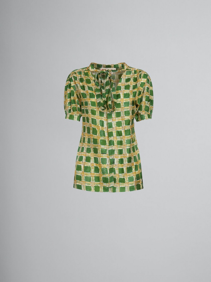 Marni Silk Twill Top With Check Fields Print Gröna | FSEUI56172