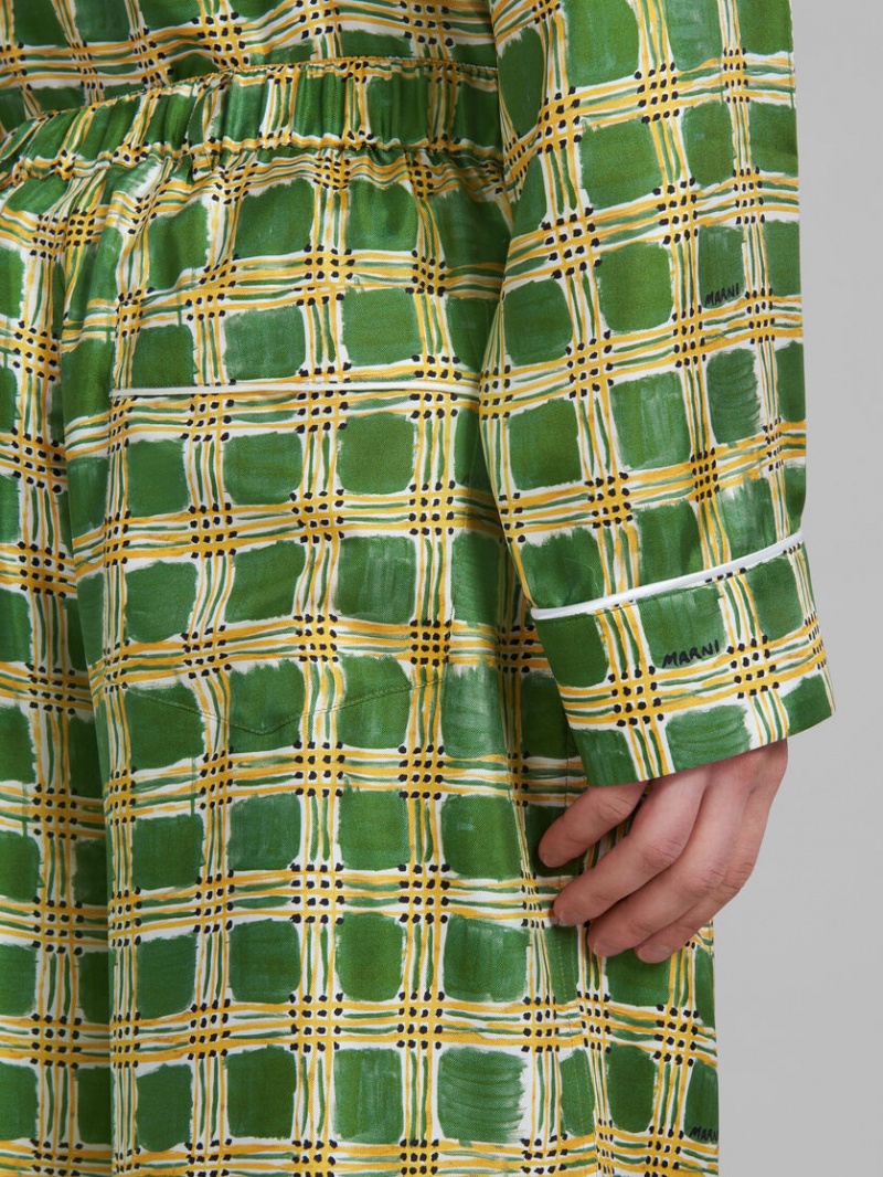 Marni Silk Twill Trousers With Check Fields Print Gröna | FSEHY52942