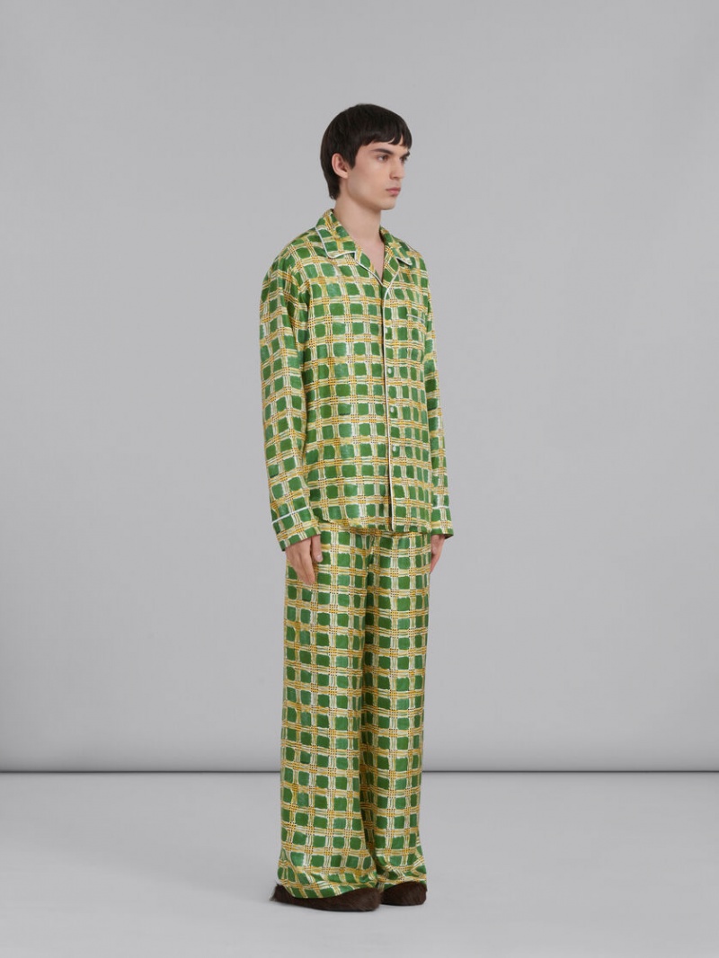 Marni Silk Twill Trousers With Check Fields Print Gröna | FSEHY52942