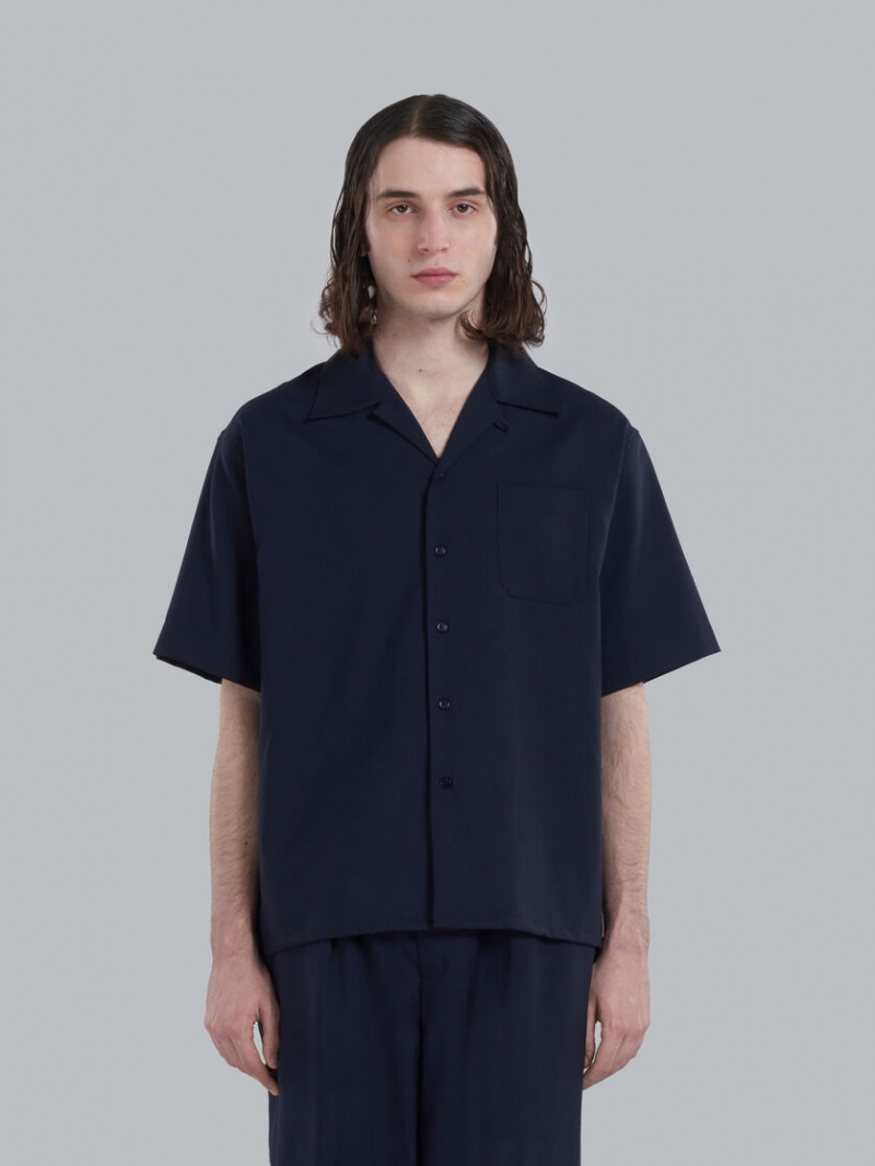 Marni Tropical Ull Bowling Shirt Mörkblå | BSESD95698