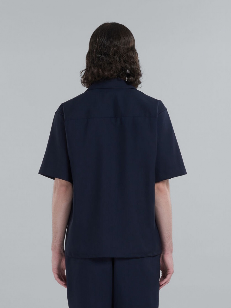 Marni Tropical Ull Bowling Shirt Mörkblå | BSESD95698