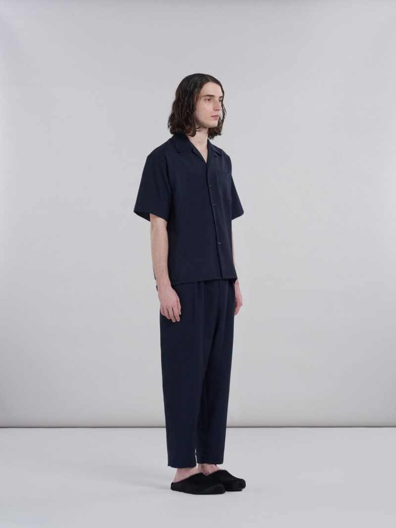 Marni Tropical Ull Bowling Shirt Mörkblå | BSESD95698