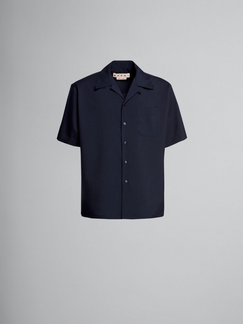 Marni Tropical Ull Bowling Shirt Mörkblå | BSESD95698