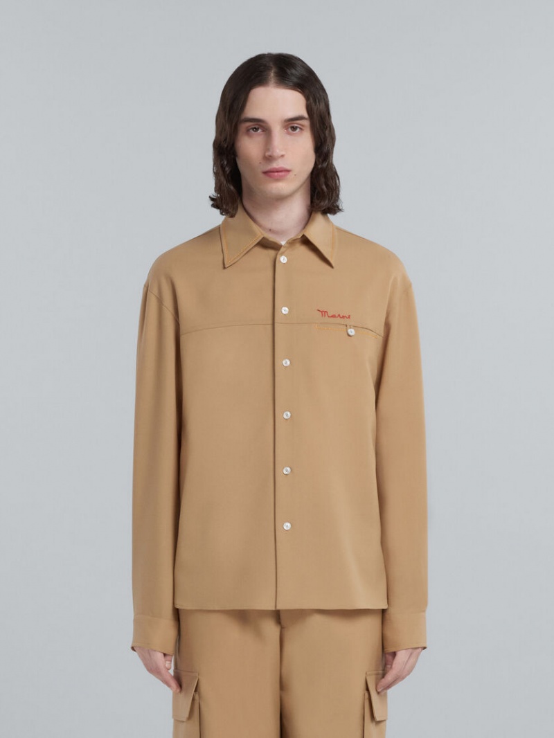 Marni Tropical Ull Shirt With Embroidered Logo Beige | TSEPQ81651