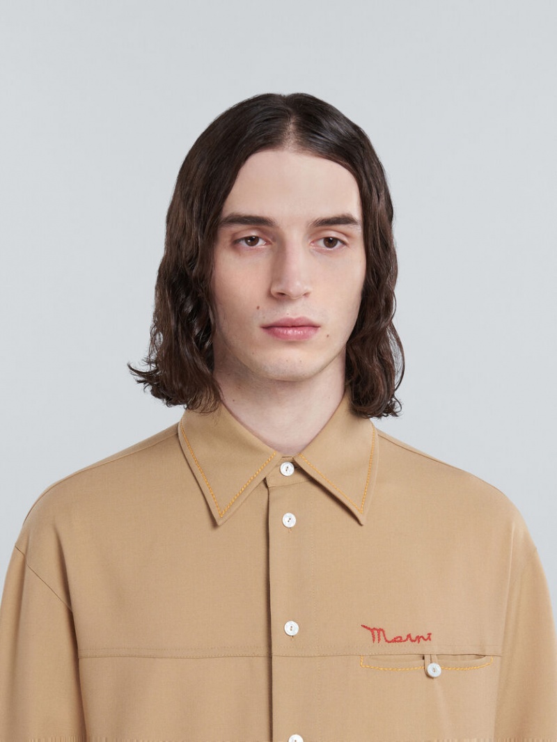 Marni Tropical Ull Shirt With Embroidered Logo Beige | TSEPQ81651