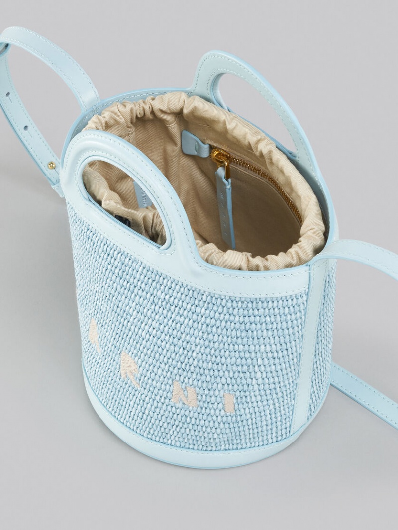 Marni Tropicalia Small Bucket Bag Läder And Raffia Ljusblå | SENEJ92095