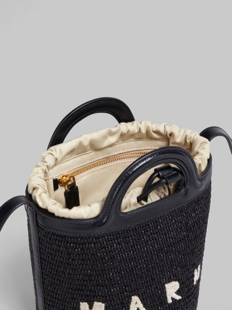 Marni Tropicalia Small Bucket Bag Läder And Raffia Svarta | BSESO96983