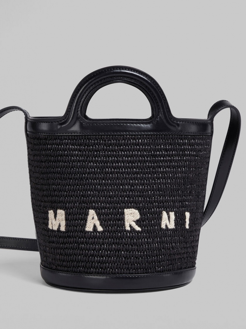 Marni Tropicalia Small Bucket Bag Läder And Raffia Svarta | BSESO96983
