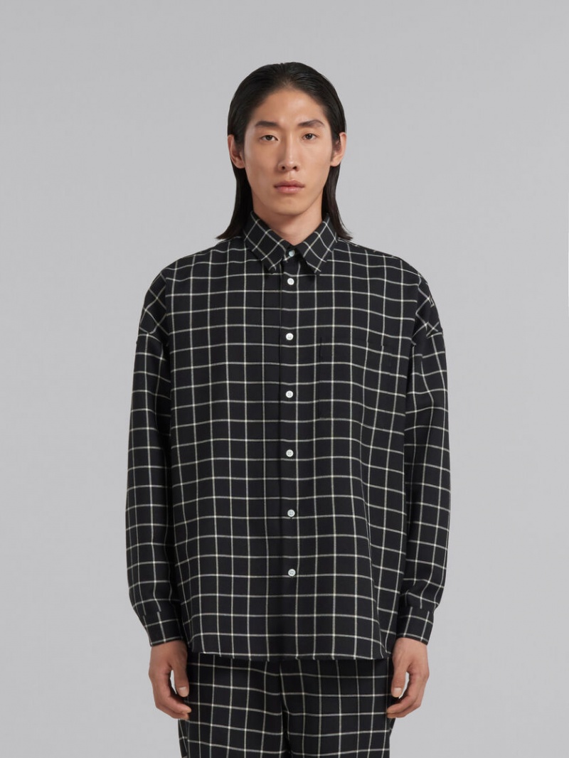 Marni Ull Long-sleeved Shirt With Checked Pattern Svarta | SENZX19304