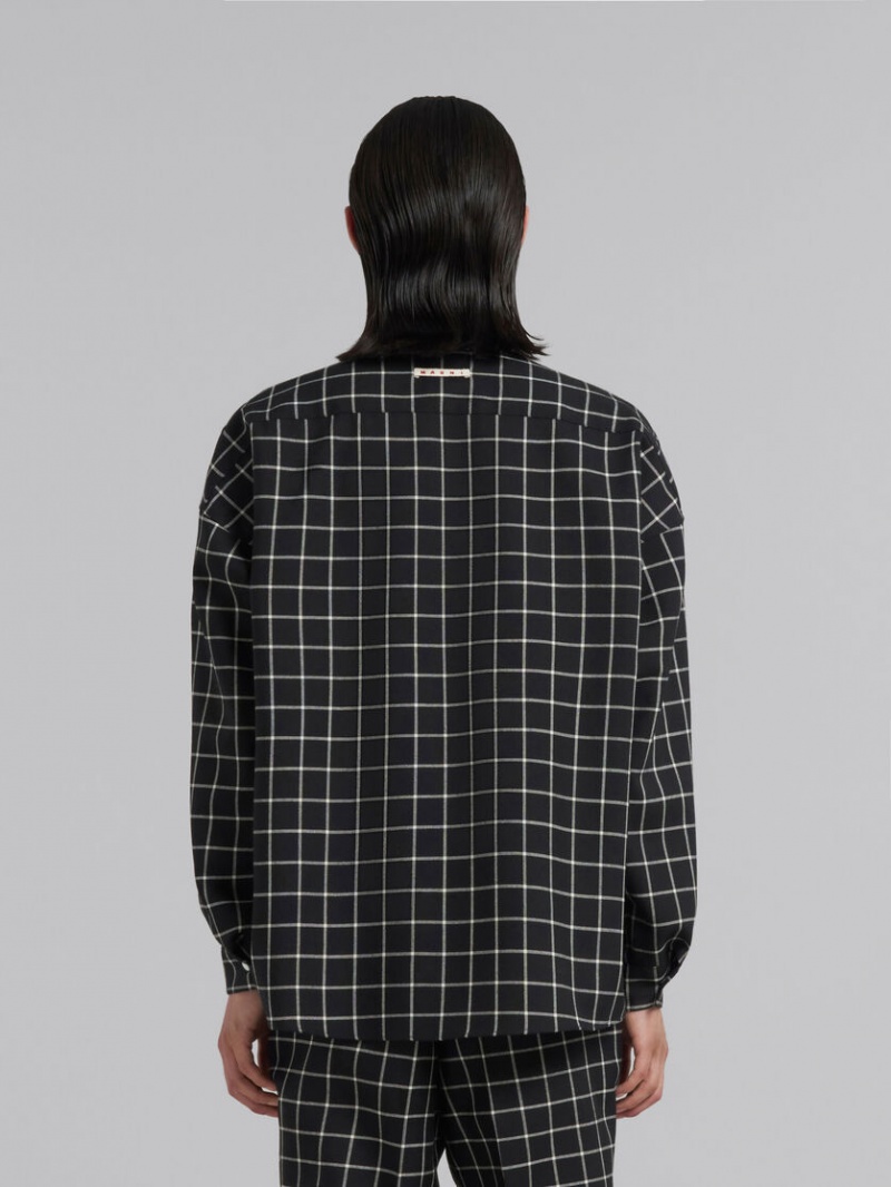 Marni Ull Long-sleeved Shirt With Checked Pattern Svarta | SENZX19304