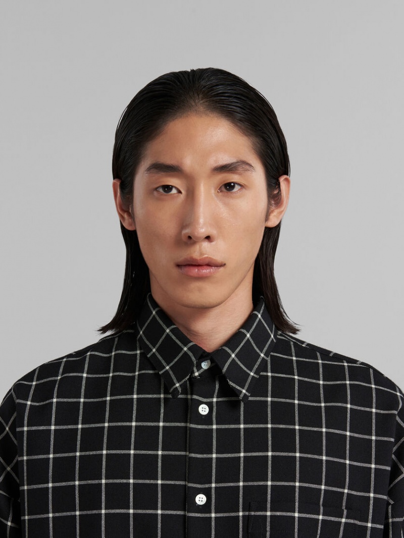 Marni Ull Long-sleeved Shirt With Checked Pattern Svarta | SENZX19304