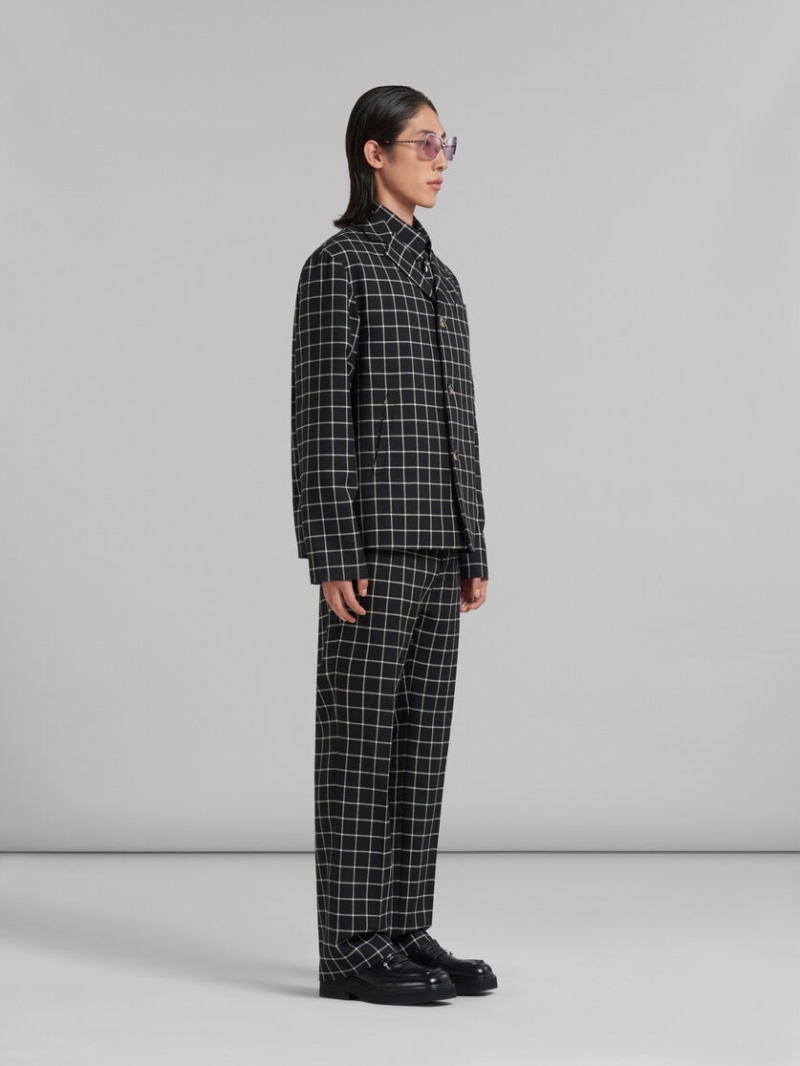 Marni Ull Long-sleeved Shirt With Checked Pattern Svarta | SENZX19304