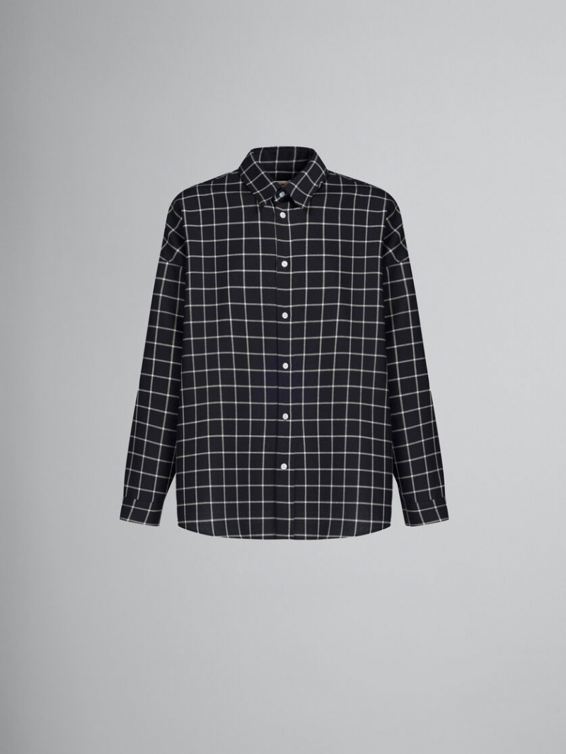 Marni Ull Long-sleeved Shirt With Checked Pattern Svarta | SENZX19304